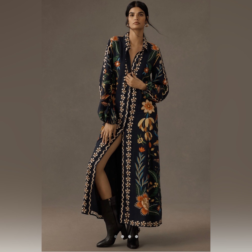 FARM Rio Blue and Cream Wrap Gown with Bishop Sleeves